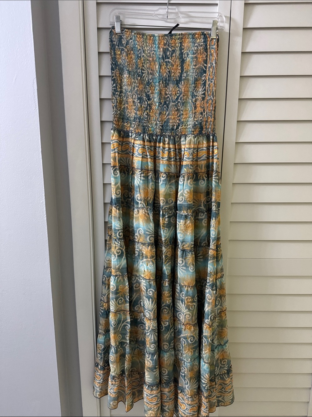 Bohemian Teal & Orange Maxi dress with Honeycomb strapless top